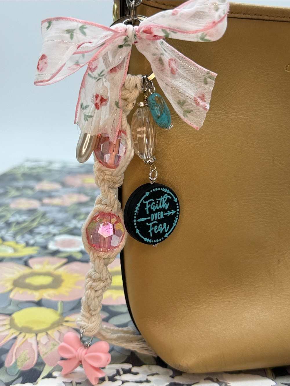 Adorned Crown Jewelry purse bag charm keychain Faith over Fear macrame bow